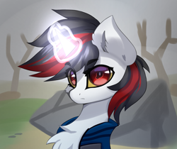 Size: 2689x2257 | Tagged: safe, artist:jfrxd, imported from derpibooru, oc, oc only, oc:blackjack, pony, unicorn, fallout equestria, fallout equestria: project horizons, bust, chest fluff, commission, eye clipping through hair, eyebrows, eyebrows visible through hair, female, frown, glowing, glowing horn, headshot commission, high res, horn, looking at you, magic, magic aura, mare, portrait, solo, unicorn oc