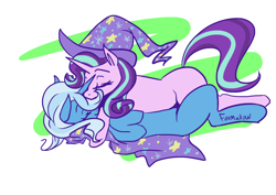 Size: 2480x1754 | Tagged: safe, artist:foxmallow, imported from derpibooru, starlight glimmer, trixie, pony, unicorn, accessory swap, cape, clothes, cuddling, duo, duo female, eyelashes, eyes closed, female, hat, horn, kissing, lesbian, lying down, mare, missing cutie mark, on back, shipping, signature, simple background, sleeping, smiling, startrix, tail, trixie's cape, trixie's hat