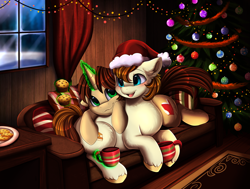 Size: 3509x2650 | Tagged: safe, artist:pridark, imported from derpibooru, oc, oc only, earth pony, pony, unicorn, christmas, christmas tree, cookie, couch, cuddling, food, hat, high res, holiday, muffin, mug, santa hat, tree, window