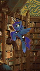 Size: 1440x2560 | Tagged: safe, artist:boxwari, imported from derpibooru, princess luna, alicorn, pony, book, bookshelf, dithering, female, flying, levitation, library, magic, mare, pixel art, reading, solo, telekinesis