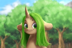 Size: 1500x1000 | Tagged: safe, artist:mayslost, imported from derpibooru, oc, oc only, pony, unicorn, floppy ears, forest, green eyes, looking at you, messy mane, reflection, smiling, solo