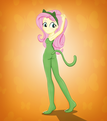 Size: 2260x2568 | Tagged: safe, artist:invisibleink, imported from derpibooru, fluttershy, equestria girls, 2019, animal costume, ass, butt, cat costume, cat ears, cat tail, catsuit, clothes, costume, female, flutterbutt, high res, looking back, rear view, smiling, solo, tail