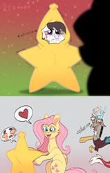 Size: 2500x3931 | Tagged: source needed, safe, artist:zoodle, imported from derpibooru, discord, fluttershy, oc, draconequus, pegasus, pony, christmas, comic, crying, draconequus oc, female, high res, holiday, laughing, male, mare, pointing, trio