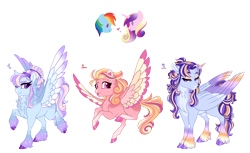 Size: 4600x2822 | Tagged: safe, artist:gigason, imported from derpibooru, princess cadance, rainbow dash, oc, oc:cupid arrow, oc:rainy parade, oc:sweet nothings, alicorn, pegasus, pony, cadash, colored wings, female, infidelity, lesbian, mare, multicolored wings, parents:cadash, shipping, simple background, transparent background, wings