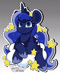 Size: 3236x4000 | Tagged: safe, artist:partylikeanartist, imported from derpibooru, princess luna, alicorn, pony, cloud, crossed hooves, cute, female, lunabetes, lying down, lying on a cloud, mare, on a cloud, redraw, smiling, solo, stars