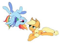 Size: 1400x1000 | Tagged: safe, artist:risswm, imported from derpibooru, applejack, rainbow dash, earth pony, pegasus, pony, appledash, bedroom eyes, female, lesbian, looking at each other, looking at someone, lying down, mare, prone, shipping, simple background, upside down, white background