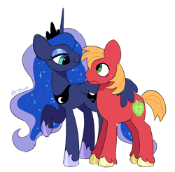 Size: 3058x3000 | Tagged: safe, artist:risswm, imported from derpibooru, big macintosh, princess luna, alicorn, earth pony, pony, female, frown, high res, looking at each other, looking at someone, lunamac, male, mare, shipping, simple background, smiling, stallion, straight, white background