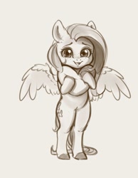 Size: 2555x3295 | Tagged: safe, artist:miokomata, imported from derpibooru, fluttershy, pegasus, semi-anthro, cute, female, freckles, freckleshy, heart, heart pillow, high res, looking at you, mare, monochrome, pillow, shyabetes, simple background, smiling, smiling at you, solo, white background