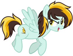 Size: 1024x795 | Tagged: safe, artist:pegasski, imported from derpibooru, oc, oc only, oc:windbreaker, pegasus, pony, female, flying, full body, mare, multicolored mane, multicolored tail, open mouth, open smile, outline, pegasus oc, show accurate, simple background, smiling, solo, spread wings, tail, transparent background, white outline, wings, yellow eyes