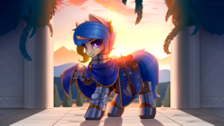 Size: 4000x2250 | Tagged: safe, artist:dipfanken, imported from derpibooru, oc, oc only, pony, unicorn, armor, broken horn, caparison, cloak, clothes, eye clipping through hair, eyebrows, eyebrows visible through hair, female, hammer, high res, horn, knight, looking at you, mare, raised hoof, smiling, smiling at you, solo, unicorn oc, war hammer, weapon