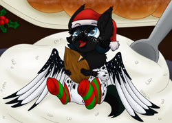 Size: 1280x916 | Tagged: safe, artist:zackwhitefang, imported from derpibooru, oc, oc:maggie, griffon, hybrid, pony, beak, christmas, clothes, digital art, female, griffon oc, hat, holiday, hooves, open mouth, santa hat, socks, solo, spread wings, striped socks, tail, wings