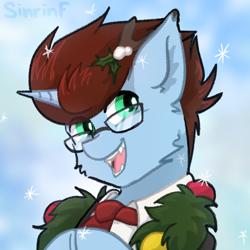 Size: 1000x1000 | Tagged: safe, artist:sinrinf, imported from derpibooru, oc, oc:coda, pony, unicorn, clothes, commission, fangs, glasses, open mouth, snow, snowflake, solo, suit, ych result, your character here