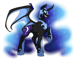 Size: 3750x3000 | Tagged: safe, artist:gingygin, imported from derpibooru, nightmare moon, alicorn, pony, bat wings, blue eyes, blue mane, blue tail, ethereal mane, fangs, female, flowing mane, flowing tail, grin, helmet, high res, hoof shoes, horn, looking at you, raised hoof, simple background, smiling, solo, sparkles, spread wings, starry mane, starry tail, tail, teeth, transparent background, wings