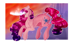 Size: 1024x601 | Tagged: safe, artist:magnetjasdraw329, imported from derpibooru, princess amore, pony, unicorn, colored pupils, curved horn, ethereal mane, female, flowing mane, flowing tail, glowing, glowing horn, horn, looking down, magic, orange eyes, pink mane, sad, sky, solo, sparkles, starry mane, starry tail, sunlight, sunset, tail, teary eyes