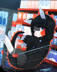 Size: 1932x2446 | Tagged: safe, artist:qawakie, imported from derpibooru, oc, oc only, pony, claws, clothes, hoodie, indoors, shopping cart, smiling, solo, underhoof