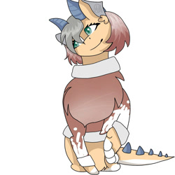 Size: 1500x1500 | Tagged: safe, artist:teonnakatztkgs, imported from derpibooru, oc, oc only, dracony, dragon, hybrid, chest fluff, clothes, horns, simple background, smiling, solo, white background