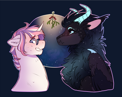 Size: 2697x2142 | Tagged: safe, artist:royvdhel-art, imported from derpibooru, oc, oc only, pony, unicorn, blushing, bust, chest fluff, commission, embarrassed, glasses, high res, horn, mistletoe, unicorn oc, ych result