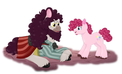 Size: 3134x1914 | Tagged: safe, artist:queenderpyturtle, imported from derpibooru, pinkie pie, oc, oc:shoofly, earth pony, pony, beard, facial hair, female, filly, filly pinkie pie, lying down, male, prone, simple background, stallion, transparent background, younger