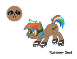 Size: 681x518 | Tagged: safe, alternate version, artist:torusthescribe, imported from derpibooru, oc, oc only, oc:rainbow dust, earth pony, pony, bio in description, earth pony oc, female, goggles, mare, offspring, parent:rainbow dash, parents:canon x oc, roller skates, simple background, smiling, solo, white background