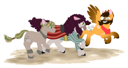 Size: 6510x3469 | Tagged: safe, artist:queenderpyturtle, imported from derpibooru, oc, oc only, oc:bardolino, oc:shoofly, oc:wanderlust, earth pony, pegasus, pony, absurd resolution, beard, clothes, facial hair, male, running, simple background, stallion, transparent background