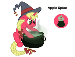 Size: 681x518 | Tagged: safe, alternate version, artist:torusthescribe, imported from derpibooru, oc, oc only, oc:apple spice, pony, unicorn, bio in description, braid, braided tail, cauldron, frown, hat, horn, offspring, parent:applejack, parents:canon x oc, simple background, solo, tail, unicorn oc, white background, witch, witch hat