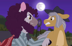 Size: 3489x2249 | Tagged: safe, artist:queenderpyturtle, imported from derpibooru, igneous rock pie, oc, oc:shoofly, earth pony, beard, facial hair, high res, male, moon, night, stallion