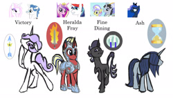 Size: 2500x1417 | Tagged: safe, artist:torusthescribe, imported from derpibooru, fancypants, fleur-de-lis, jet set, princess cadance, princess luna, shining armor, upper crust, oc, pony, unicorn, female, guard, helmet, hoof shoes, horn, male, mare, offspring, parent:fancypants, parent:fleur-de-lis, parent:jet set, parent:princess cadance, parent:princess luna, parent:shining armor, parent:upper crust, parents:fancyfleur, parents:shiningcadance, parents:upperset, screencap reference, simple background, smiling, stallion, unicorn oc, white background