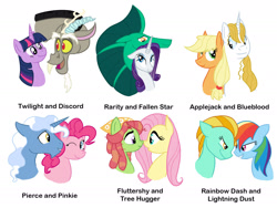 Size: 2013x1513 | Tagged: safe, artist:torusthescribe, imported from derpibooru, applejack, discord, fluttershy, lightning dust, pinkie pie, pokey pierce, prince blueblood, rainbow dash, rarity, tree hugger, twilight sparkle, oc, oc:fallen star, draconequus, pony, sea pony, unicorn, bluejack, bust, canon x oc, discolight, female, flutterhugger, lesbian, male, mare, nuzzling, pokeypie, rainbowdust, shipping, smiling, stallion, straight