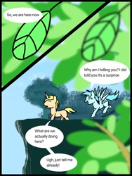 Size: 768x1024 | Tagged: safe, artist:windy breeze, imported from derpibooru, oc, oc only, oc:windy breeze, oc:writer rhyme, pegasus, pony, unicorn, comic:oc life: unofficial comic, fanfic:oc life, blurry background, broken grammar, cliff, comic, female, flying, horn, leaf, male, mare, pegasus oc, stallion, tail, tree, unicorn oc, walking, windswept mane, windswept tail