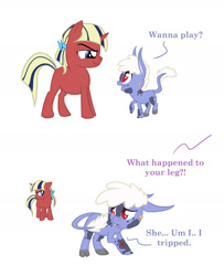 Size: 1320x1624 | Tagged: safe, artist:torusthescribe, imported from derpibooru, oc, oc only, hybrid, pony, unicorn, bio in description, blood, comic, dialogue, horn, interspecies offspring, offspring, parent:discord, parent:twilight sparkle, parents:discolight, smiling, smirk, unicorn oc