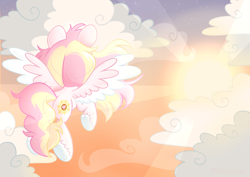 Size: 3508x2480 | Tagged: safe, artist:ninnydraws, imported from derpibooru, oc, oc only, oc:ninny, pegasus, pony, cloud, female, flying, high res, hoof fluff, mare, sky, solo, sunset