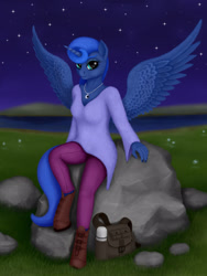 Size: 1200x1600 | Tagged: safe, artist:xodok, imported from derpibooru, princess luna, anthro, unguligrade anthro, series:ponyashnost, bag, blouse, clothes, female, field, horn, jewelry, lake, looking at you, mountain, night, pants, shoes, smiling, stars, stone, thermos, wings