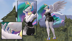 Size: 6570x3696 | Tagged: safe, artist:antonioy111, imported from derpibooru, princess celestia, spike, alicorn, anthro, dragon, 3d, breasts, clothes, collar, commission, crown, dress, duo, eyes closed, feet, female, forest, giantess, giantlestia, high heels, horn, jewelry, kissing, macro, male, nail polish, open-toed shoes, regalia, shoes, source filmmaker, spread wings, tail, thighs, toenail polish, toes, tree, wide hips, wings