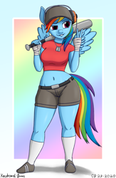 Size: 1300x2000 | Tagged: safe, artist:keyboard-draws, imported from derpibooru, rainbow dash, anthro, pegasus, baseball bat, belly button, breasts, busty rainbow dash, cap, clothes, digital art, dog tags, female, hat, headphones, midriff, rainbow scout, scout, shirt, shoes, shorts, simple background, socks, solo, spread wings, team fortress 2, thighs, wide hips, wings