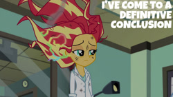 Size: 1280x720 | Tagged: safe, edit, edited screencap, editor:quoterific, imported from derpibooru, screencap, sunset shimmer, equestria girls, friendship games, the science of magic, female, messy hair, solo, sunset the science gal