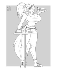 Size: 1600x2000 | Tagged: safe, artist:thedrunkcoyote, imported from derpibooru, oc, oc only, oc:amber steel, anthro, unicorn, belly button, big breasts, breasts, clothes, converse, digital art, female, food, horn, monochrome, pants, shoes, simple background, sneakers, solo, tail, tanktop, thighs, wide hips