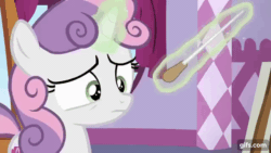Size: 640x360 | Tagged: safe, imported from derpibooru, screencap, sweetie belle, pony, unicorn, on your marks, season 6, animated, carousel boutique, female, filly, gif, gifs.com, magic, solo, sweetie belle is not amused, telekinesis, unamused