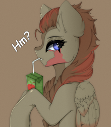 Size: 1200x1362 | Tagged: safe, artist:munrei, imported from derpibooru, oc, oc only, oc:dakota, pegasus, blue eyes, brown background, commission, drinking, fangs, female, halfbody, juice, juice box, looking at you, mare, simple background, wings