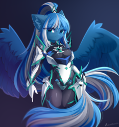 Size: 4352x4679 | Tagged: safe, artist:airiniblock, imported from derpibooru, oc, oc only, oc:vivid tone, anthro, pegasus, armor, blue background, bodysuit, clothes, cosplay, costume, ear fluff, female, gradient background, lidded eyes, looking at you, pegasus oc, pneuma, rcf community, simple background, smiling, solo, wing fluff, wings, xenoblade chronicles (series), xenoblade chronicles 2