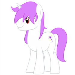 Size: 1130x1130 | Tagged: safe, imported from derpibooru, oc, oc only, oc:shine starlight, pony, unicorn, derpibooru community collaboration, 2022 community collab, full body, horn, male, purple mane, purple tail, red eyes, show accurate, simple background, smiling, solo, stallion, standing, tail, transparent background, unicorn oc
