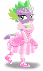 Size: 1495x2495 | Tagged: safe, artist:avchonline, imported from derpibooru, spike, dragon, ballerina, ballet slippers, canterlot royal ballet academy, clothes, collar, crossdressing, dress, eyebrows, fake eyelashes, femboy, gloves, jewelry, leggings, long gloves, looking at you, male, shoes, simple background, sissy, solo, tiara, tutu