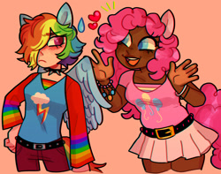 Size: 1832x1445 | Tagged: safe, artist:winslowsfaust, imported from derpibooru, pinkie pie, rainbow dash, human, belt, clothes, cutie mark on clothes, dark skin, female, heart, humanized, lesbian, multicolored hair, pink hair, pinkiedash, pony ears, rainbow hair, shipping, shirt, short hair, winged humanization, wings