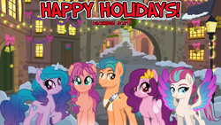 Size: 2064x1162 | Tagged: safe, artist:limedazzle, artist:not-yet-a-brony, edit, imported from derpibooru, hitch trailblazer, izzy moonbow, pipp petals, sunny starscout, zipp storm, earth pony, pegasus, pony, unicorn, 2021, christmas, christmas eve, december, female, friendship, g4, g5, g5 to g4, group, group shot, happy holidays, hearth's warming, hearth's warming eve, holiday, male, mane five (g5), mare, my little pony: a new generation, new year, new years eve, stallion, youtube link in the description