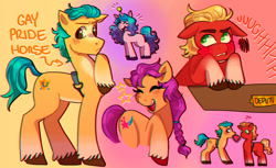 Size: 1851x1130 | Tagged: safe, artist:winslowsfaust, imported from derpibooru, hitch trailblazer, izzy moonbow, sprout cloverleaf, sunny starscout, earth pony, pony, unicorn, blushing, cute, eyelashes, female, g5, gay, hitchbetes, hitchsprout, male, mare, my little pony: a new generation, shipping, shy, sproutbetes, stallion, stallion on stallion