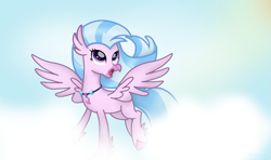 Size: 1665x987 | Tagged: safe, artist:nitlynjane, imported from derpibooru, silverstream, classical hippogriff, hippogriff, blue sky, cloud, cute, diastreamies, flying, looking up, open mouth, smiling, solo, spread wings, sunlight, tail, two toned mane, two toned tail, wings