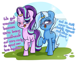 Size: 1720x1384 | Tagged: safe, artist:lou, imported from derpibooru, starlight glimmer, trixie, pony, unicorn, blushing, dialogue, female, heart, horn, horn ring, jewelry, lesbian, lidded eyes, mare, married couple, one eye closed, open mouth, raised hoof, ring, seems legit, shipping, startrix, wedding ring