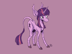 Size: 1600x1200 | Tagged: safe, artist:socialgutbrain777, imported from derpibooru, twilight sparkle, pony, unicorn, hoers, leonine tail, purple background, simple background, solo, tail, unicorn twilight