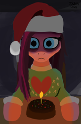 Size: 1800x2742 | Tagged: safe, artist:tazool, imported from derpibooru, pinkie pie, earth pony, pony, candle, christmas, clothes, creepy, fruitcake, hat, holiday, looking at you, santa hat, sitting, solo, sweater