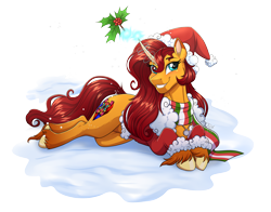 Size: 4500x3526 | Tagged: safe, artist:jack-pie, imported from derpibooru, oc, oc only, oc:white feather, pony, unicorn, christmas, clothes, commission, curved horn, hat, high res, holiday, holly, horn, santa hat, scarf, snow, solo, teeth, unicorn oc, unshorn fetlocks