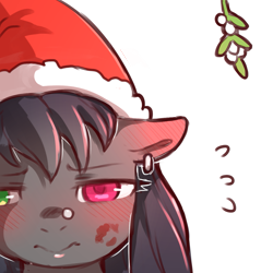 Size: 1159x1159 | Tagged: safe, artist:cold-blooded-twilight, imported from derpibooru, oc, oc only, oc:blazing saddles, earth pony, pony, blushing, bust, christmas, ear piercing, earring, earth pony oc, female, frown, hat, heterochromia, holiday, jewelry, kiss mark, lipstick, mare, mistletoe, piercing, santa hat, simple background, solo, sweat, transparent background